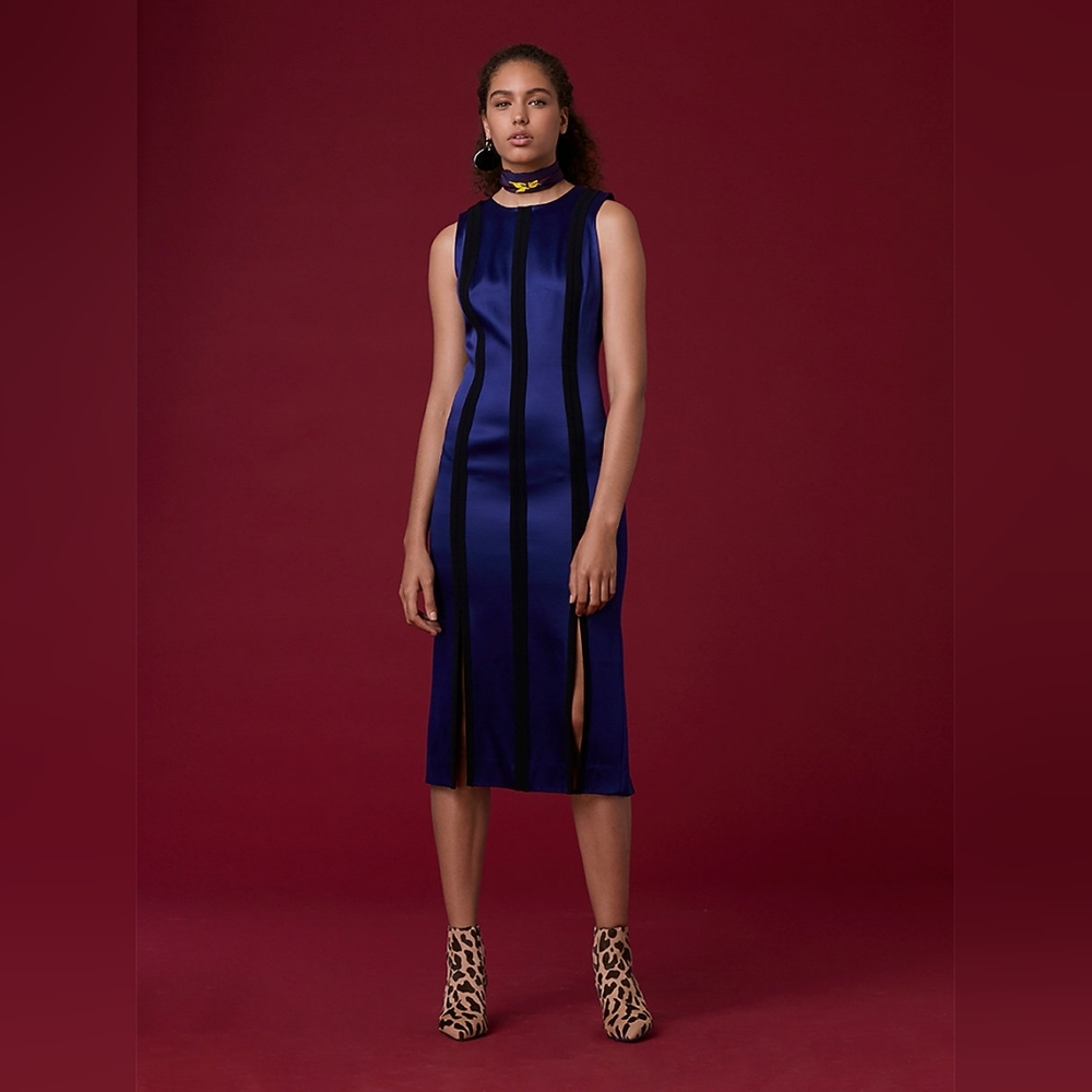 Diane Von Furstenberg Tailored Paneled Midi Dress Blue Metallic Sz 2
